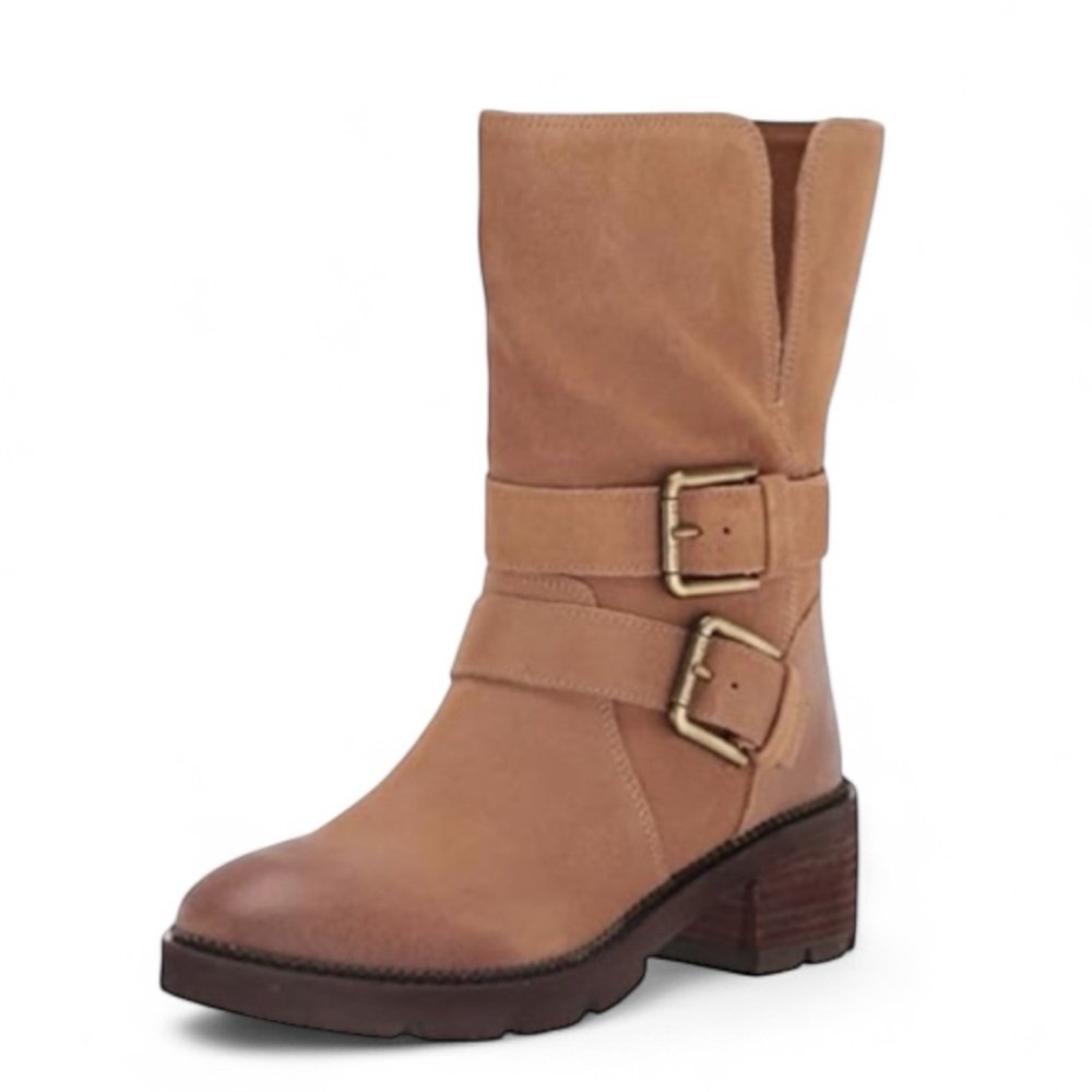 Donald Pliner Saraya Tan Waxy Suede Mid-Calf Moto Boots - Size 7.5